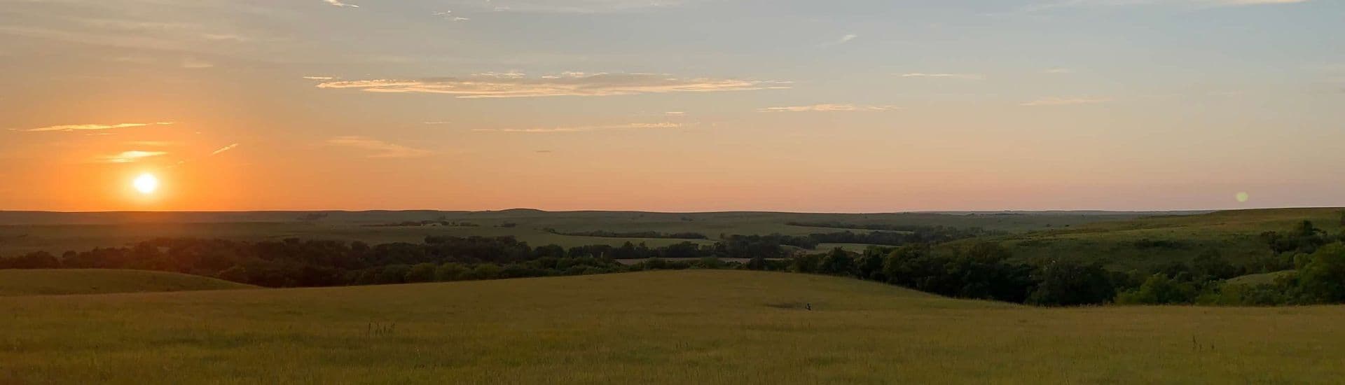 Sunset over expansive green hills under a pastel sky.